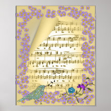 Vintage Inspired Music Bird Floral Poster Print