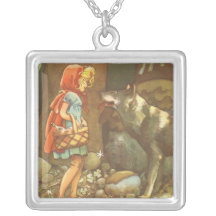 Vintage Little Red Riding Hood and Wolf in Forest Necklace
