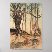 Vintage Little Red Riding Hood in Forest With Wolf Posters