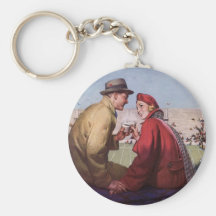Vintage Love and Romance, Couple at Football Game Keychains