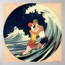 Vintage Love in the Surf, Romantic Kiss by Beach Print