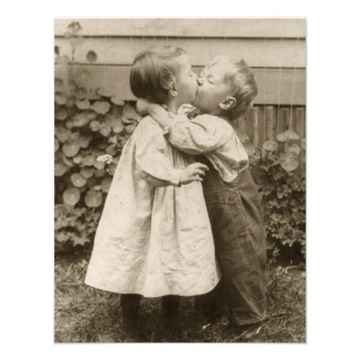 Vintage Love Romance, Children Kissing, First Kiss Custom Invitation