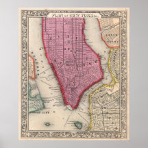 Vintage Map of Lower New York City (1860) Print