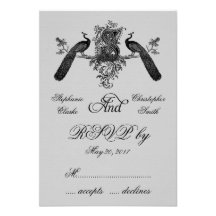 Vintage Monogram Peacocks Wedding RSVP Card Grey