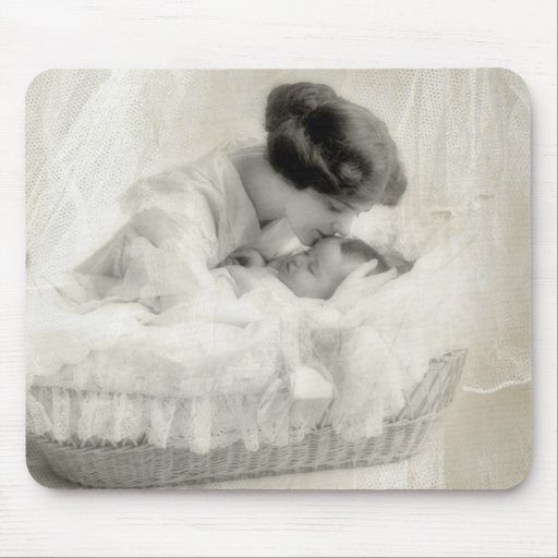 Vintage Mother Kissing Baby in Bassinet Mousemat