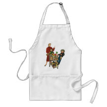 Vintage Mum with her Kids in Cart Grocery Shopping Aprons