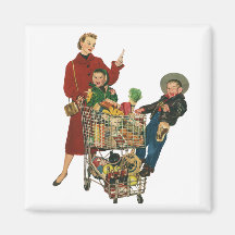 Vintage Mum with her Kids in Cart Grocery Shopping Magnet