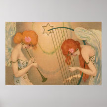 Vintage Music Victorian Angel Musicians Flute Harp Poster