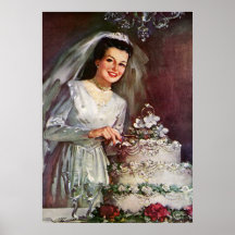 Vintage Newlywed Bride Cutting Her Wedding Cake Posters