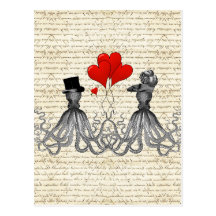 Vintage octopi and hearts postcard