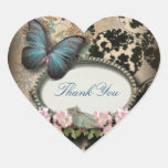 Vintage Paris blue Butterfly Damask thank you Heart Stickers