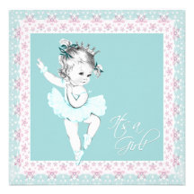 Vintage Pink and Teal Blue Baby Girl Shower Announcement