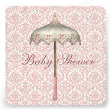 Vintage Pink Parasol Umbrella Baby Girl Shower Announcement