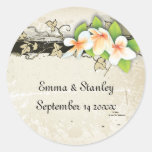 Vintage plumeria ivy beige wedding Save the Date Round Sticker