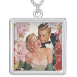 Vintage Portrait, Bride Groom, Newlyweds w Flowers Pendants