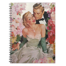Vintage Portrait, Bride Groom, Newlyweds w Flowers Note Books