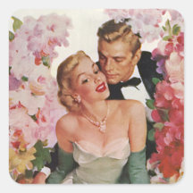 Vintage Portrait, Bride Groom, Newlyweds w Flowers Square Sticker