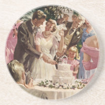 Vintage Reception Bride Groom Newlyweds Cut Cake Drink Coaster