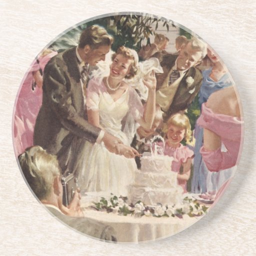 Vintage Reception Bride Groom Newlyweds Cut Cake Drink Coaster