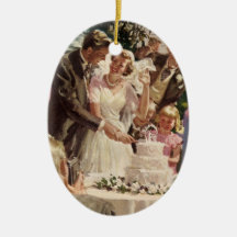 Vintage Reception Bride Groom Newlyweds Cut Cake Ornaments