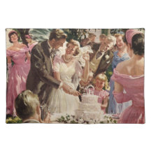 Vintage Reception Bride Groom Newlyweds Cut Cake Placemat