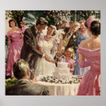 Vintage Reception Bride Groom Newlyweds Cut Cake Poster
