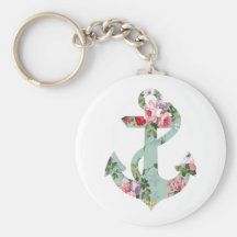Vintage Red Pink Green Floral Pattern Anchor Keychains