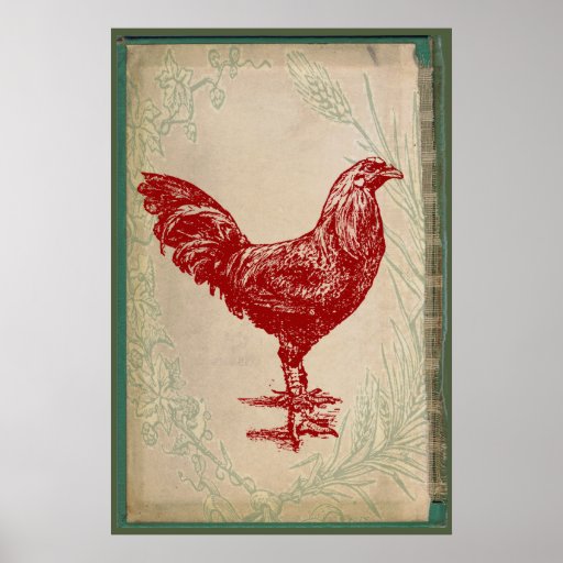 Vintage Red Rooster Shabby Chic Grunge Chicken Poster | Zazzle