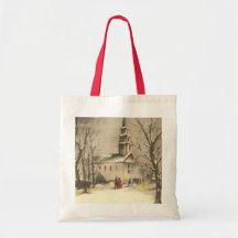 Vintage Religious Christmas, Church, Snow, Winter Tote Bags