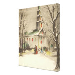 Vintage Religious Christmas, Church, Snow, Winter Stretched Canvas Print
