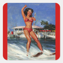 Vintage Retro Gil Elvgren Water Ski pinup girl Square Stickers