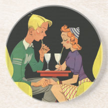 Vintage Romance, Teens in Love at the Soda Shop Drink Coaster