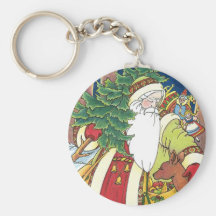Vintage Saint Nicholas w Christmas Tree and Deer Keychains