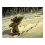 Vintage Santa Claus Carrying a Christmas Tree Post Card