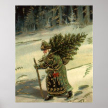 Vintage Santa Claus Carrying A Christmas Tree Print