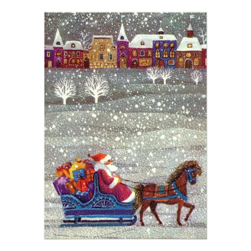 Vintage Santa Claus One Horse Open Sleigh in Snow Invitations