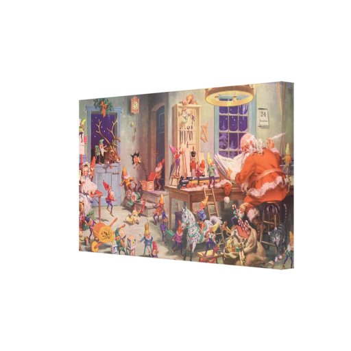 Vintage Santa's Workshop North Pole Elves and Toys Gallery Wrap Canvas
