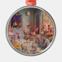 Vintage Santa's Workshop North Pole Elves and Toys Christmas Tree Ornaments