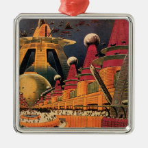 Vintage Science Fiction Futuristic City Flying Car Christmas Tree Ornament