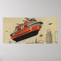 Vintage Science Fiction Helicopter Cruise Ship Poster