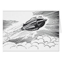 Vintage Spaceship Rocket Flying in the Clouds Card