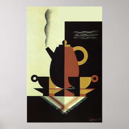 Vintage Steaming Coffee Pot with Coffee Cups Posters