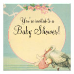 Vintage Stork Baby Girl Pink Blanket Baby Shower Personalized Invite