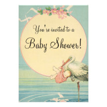 Vintage Stork Baby Girl Pink Blanket Baby Shower Personalised Invites