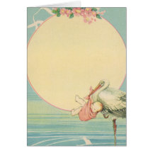 Vintage Stork with Baby Girl in Pink Blanket Greeting Card