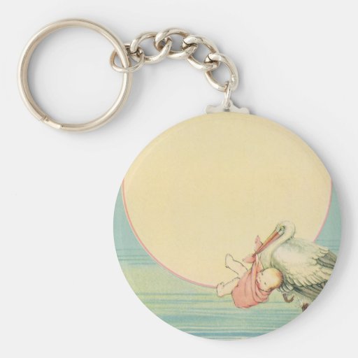Vintage Stork with Baby Girl in Pink Blanket Keychain
