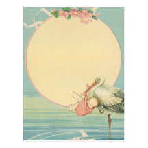 Vintage Stork with Baby Girl in Pink Blanket Post Cards