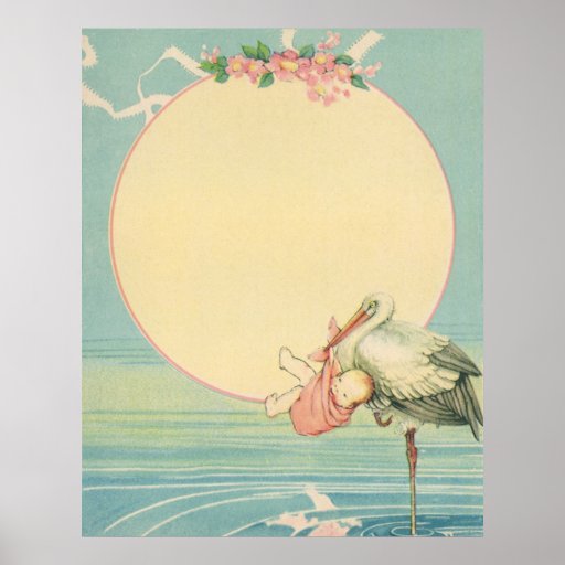 Vintage Stork with Baby Girl in Pink Blanket Posters