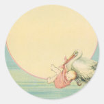 Vintage Stork with Baby Girl in Pink Blanket Round Stickers