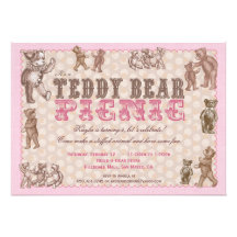 Vintage Style Teddy Bear Picnic Invitation - Pink